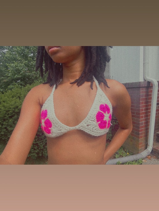 Handmade Other - Crochet Triangle Bikini Top in Light Gray with Pink Floral Accents